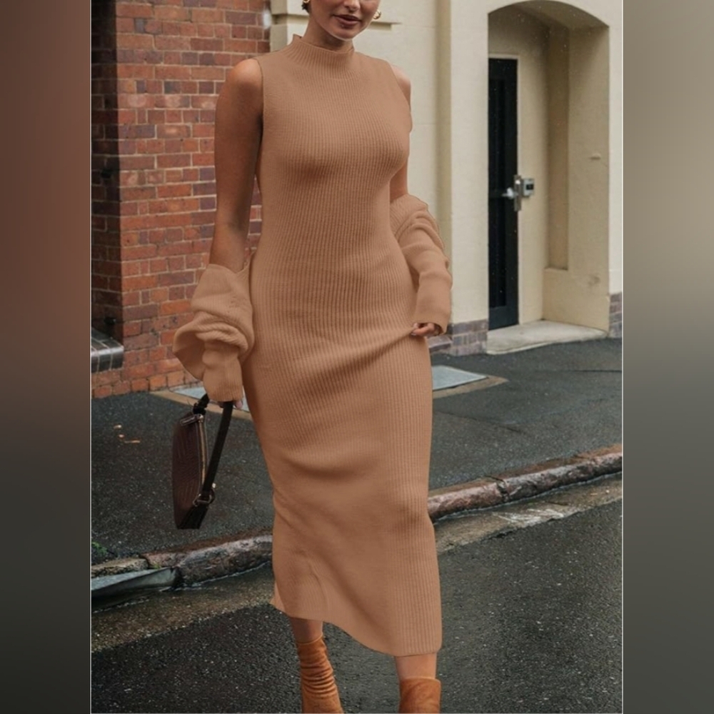 Elegant Tan Ribbed Knit Dress